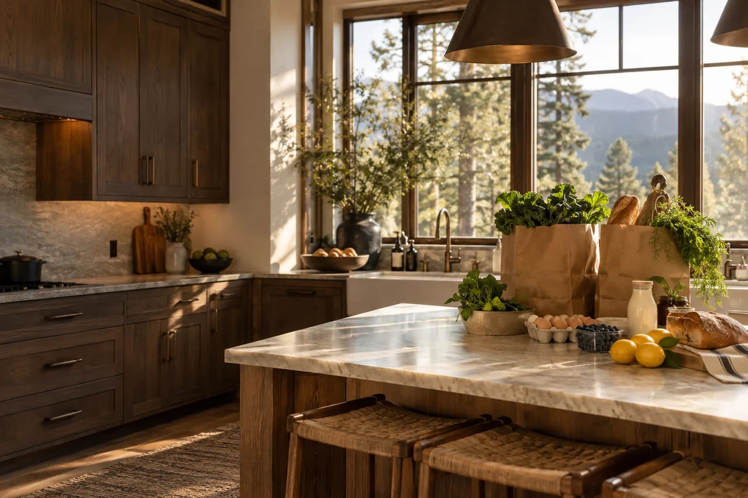 Groceries on the counter of a warm mountain-home kitchen